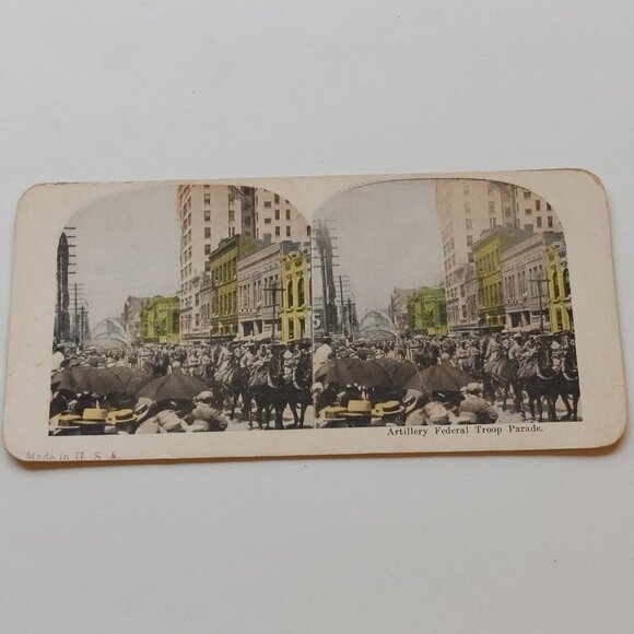 Antique Stereograph Card Artillery Federal Troop Parade Made in USA Colour Card - Picture 1 of 4